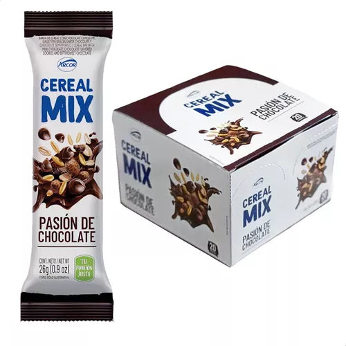 Cereal Mix Pasión de Chocolate Barrita de Cereal Cereal Bar with Chocolate Chips, Almonds & Oats, 26 g / 0.9 oz (box of 20 bars)