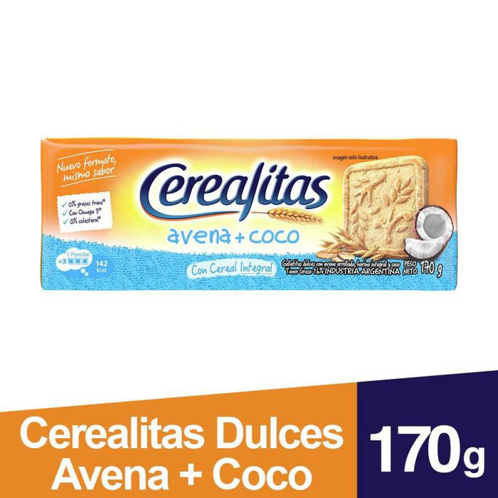 Cerealitas Galletitas Dulces Biscoitos Doces com Aveia Integral e Coco, 170 g / 5,99 oz (embalagem com 3) 
