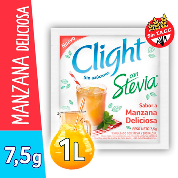 Clight Delicious Apple Stevia Powder - Irresistible Apple Flavor Sweetened with Stevia - Elevate Your Refreshment Game - Jugo Clight Manzana Deliciosa Stevia, 7.5 g / 0.26 oz (box of 16)