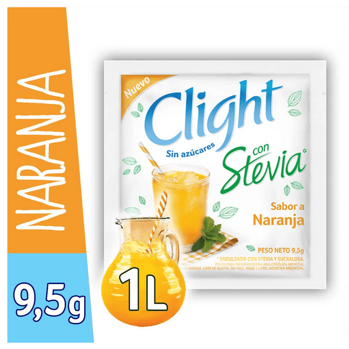 Clight Orange Stevia Powder Drink Mix - Refreshing Orange Flavor Sweetened with Stevia - Jugo Clight Naranja Stevia, 9.5 g / 0.33 oz (box of 16)