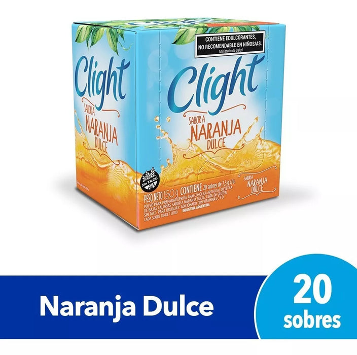 Clight Orange Sweet Powdered Juice - Sugar-Free Sweet Orange Flavor - Irresistibly Tangy Delight - Jugo Clight Naranja Dulce, 7.5 g / 0.3 oz (box of 20)