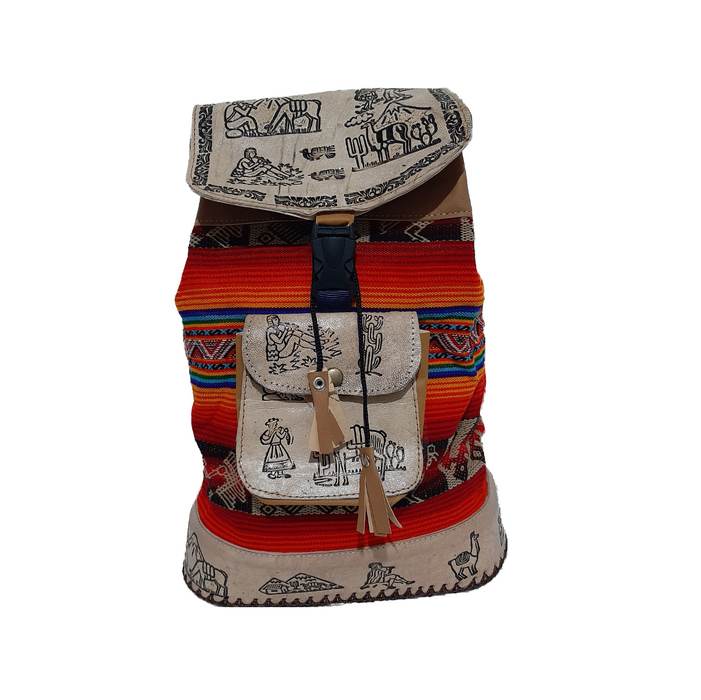 Corazón Norteño | Leather and Aguayo Backpack (Orange) - Norteño Argentino Style | 40 cm x 25 cm