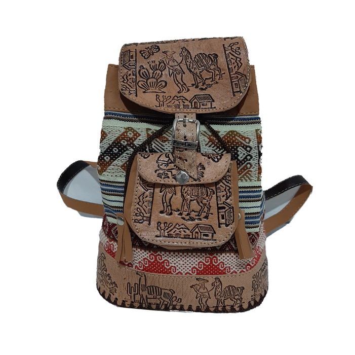 Corazón Norteño | Small Leather and Aguayo Backpack - Norteño Argentino Style | 25 cm x 19 cm