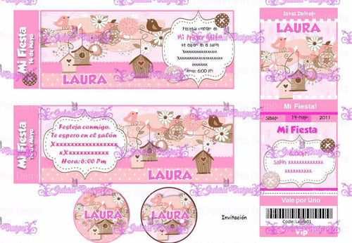 Galatea Designs Kit Imprimible Pajaritos Niña Rosa Cumpleaños Tarjetas 0