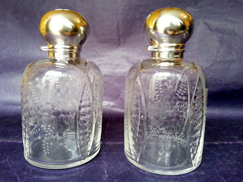 Hermoso Par D Perfumeros De Plata Inglesa Y Cristal Año 1900 0