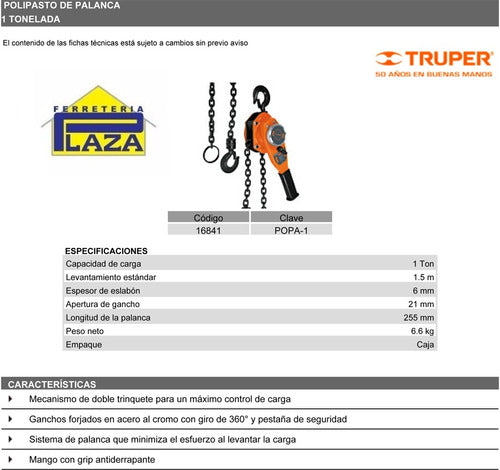 Aparejo Cadena Truper 1 Tonelada 1000kg Elevación 1.5 Mts 2