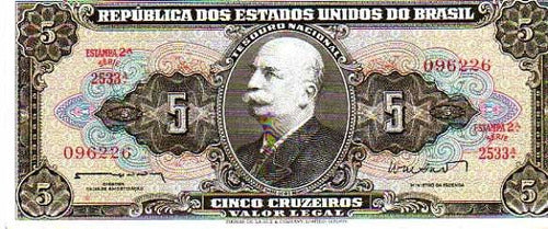 Billete ** Brasil ** ( 5 Cruzeiros ) Valor Legal Años 60 0