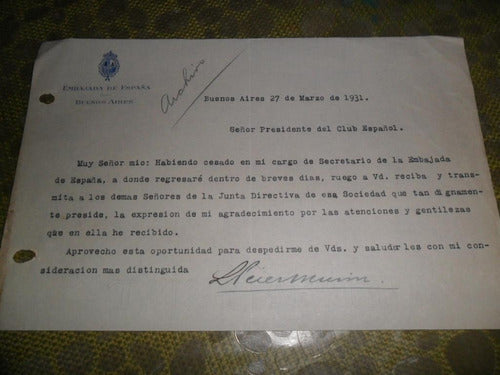 Club Español Carta 1931 Embajada España Buenos Aires 0