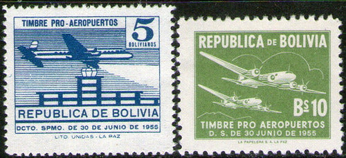 Bolivia Air Mail Series X 2 Stamp Pro Airports 1955 = Airplane 0