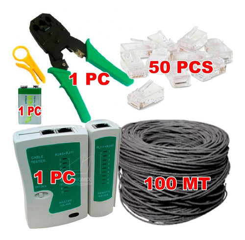 Kit 100m Cabo Rede Preto + Testador + Alicate + 50  Rj45 0