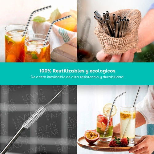 Set of 4 Reusable Eco-Friendly Stainless Steel Straws with Cleaning Brush 2