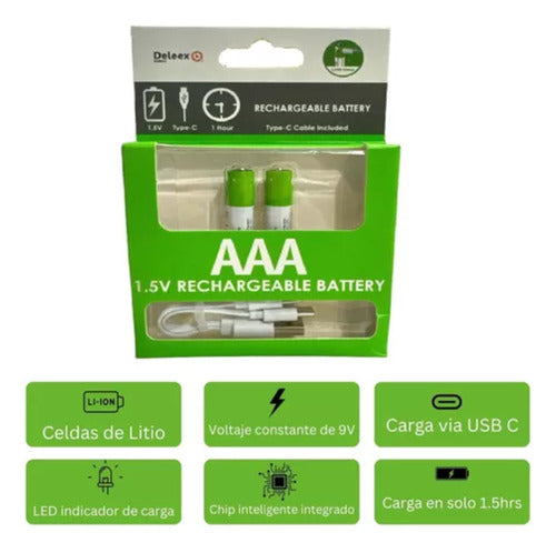 Pilas Recargables Aaa X 2u Deleex Usb-c 750mah 3