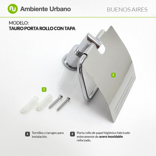 Ambiente Urbano Porta Rollo Acero Inoxidable Con Tapa Papel Higienico Baño 1