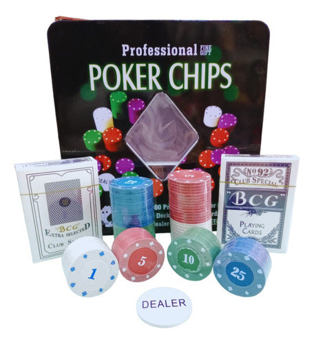 Set Juego Poker 100 Fichas + 2 Mazo Cartas Estuche Metálico 0