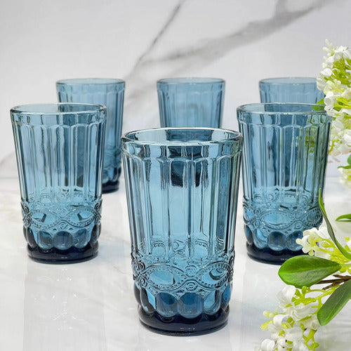 El Capitán 6 Piece Embossed Glass Set Blue 350ml 0