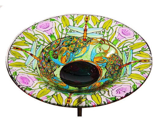 Evergreen Dragonfly Rose and Peacock Glass Bird Bath Bowl 0