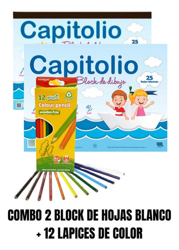 Capitolio Combo 2 Block De Hojas Blanco Nº5 + 12 Lapices De Color 2