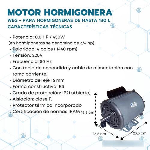 Motor Hormigonera Trompito De 130 Lts Monofasico Weg 450w 1