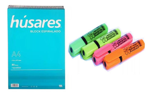 Húsares Block A4 Spiral Bound Ruled 80 Sheets + 4 Highlighters 0