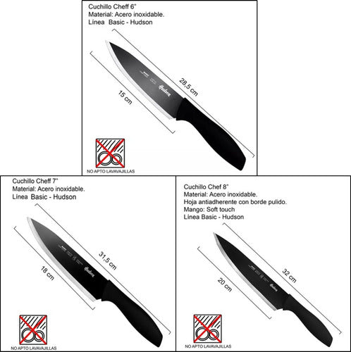 Hudson Set X3 Chef Knives Basic Stainless Steel 6 7 8 Black 2