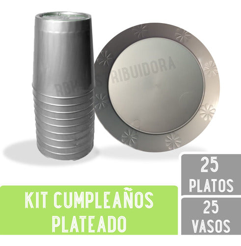 Kit of 25 Rigid Plastic Plates and 25 Disposable Cups for Birthday Parties 1