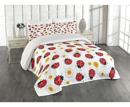 Lunarable Ladybugs Coverlet Set Queen Size, Summer Motif of The Ladybird and Flowers Spring Bloom 0