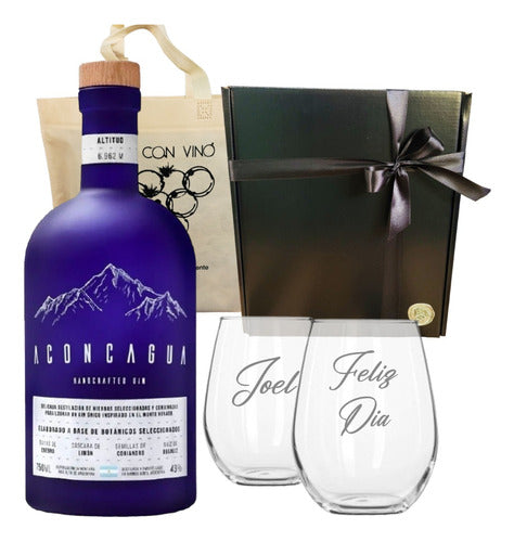 Regalo Box Gin Aconcagua Azul  + 2 Vasos Vidrio Grabados Kit 0