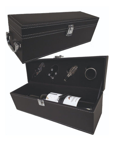 Caja Botella Vino Símil Cuero Negro+4 Accesorios.36x12x11 Cm 0