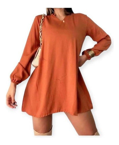 Short Dress with Long Sleeve A-line Cut V-neck Fibrana Fabric 6