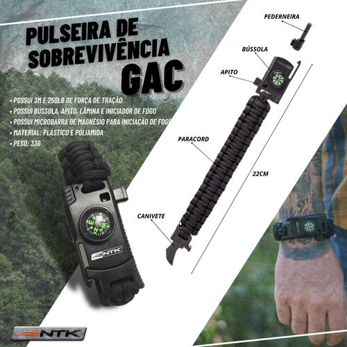 Pulseira Paracord Gac Ntk Canivete Pederneira Apito Bússola 1