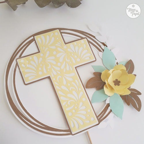 Nieve de Papel Topper Torta Bautismo, Comunión Cruz Con Flor 0