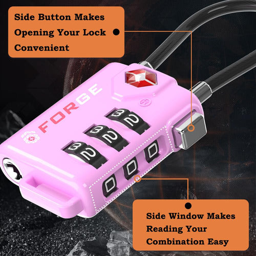 Forge TSA Approved Cable Luggage Locks, 2 Pink Locks, Re-settable Combination With Alloy Body 3