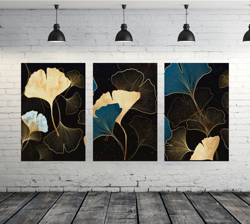 Modern Golden Abstract Leaves Triptych Canvas Art 180x90 cm 7