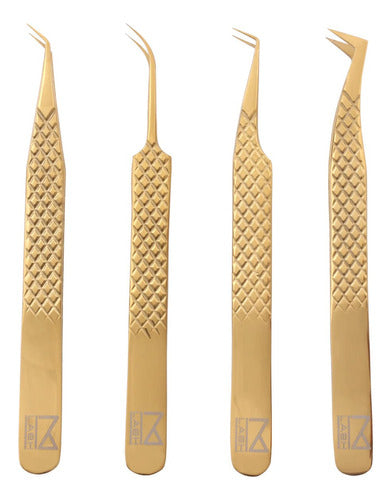 M Lash Set of 4 Professional Eyelash Extension Tweezers - Gold 0