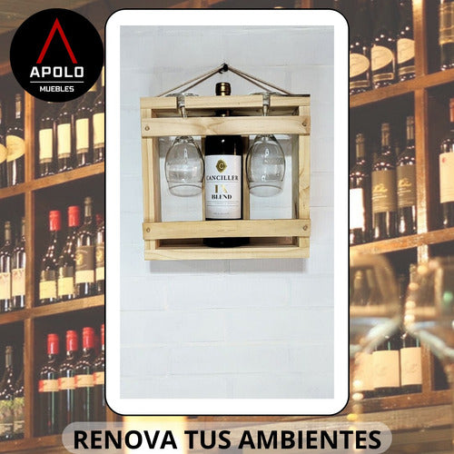 Estuche Porta Vino Vertical Madera Pino 2 Copas Colgar Soga 2