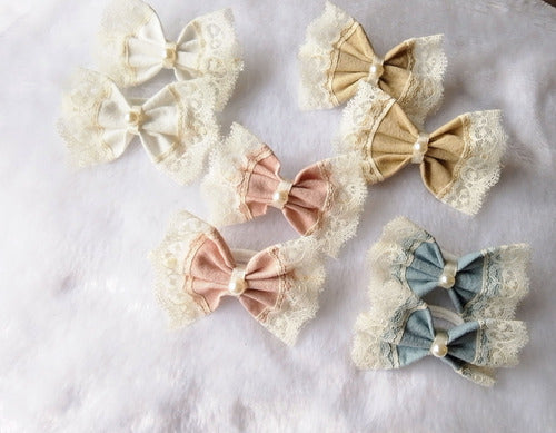 Set of 8 Girls' Vintage Cotton and Lace Hair Ties with Bows 4