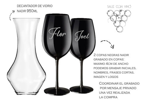 Kit Vino 2 Copas Negras Degustación + 1 Decanter 950ml Nadir 1