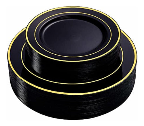 N9R Black Plastic Plates with Gold Rim - 72 Count 0