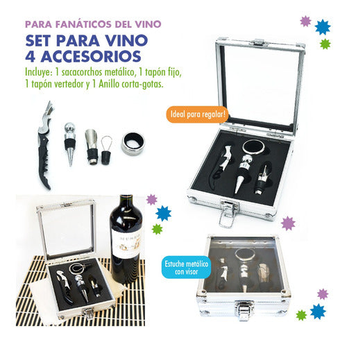 Set Para Vino 4 Accesorios Caja Metálica Con Ventana - 11391 2