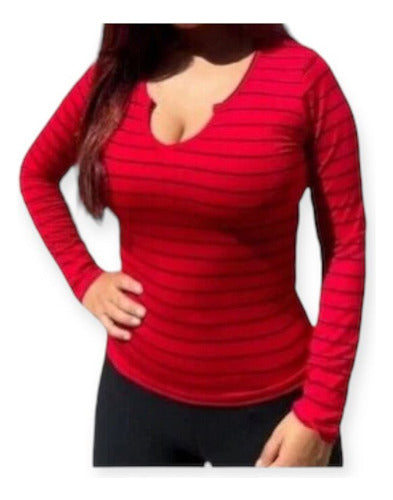 Divinas Reylav Long Sleeve Striped Women's V-Neck Modal T-Shirt 2