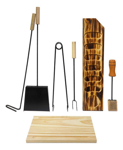 Kit Parrilla Pala Atizador Pinza Pinche Tabla Asado Set ×7 0