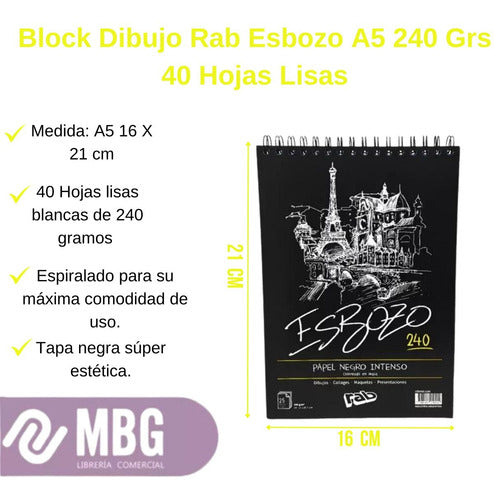 Rab Block De Dibujo Esbozo Liso A5 240grs 40 Hojas Blancas 1