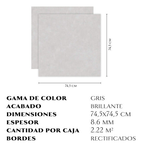 Cedasa Porcelánico Pulido Gris Brillante Palazo 74,5x74,5 Rect. 4