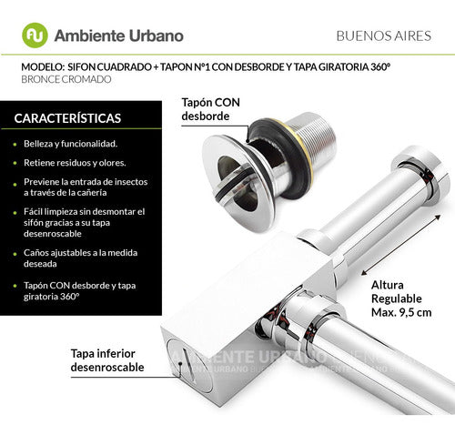 Ambiente Urbano Sifon Cuadrado Descarga Cromo + Tapon Con Desborde Tapa 360º 3