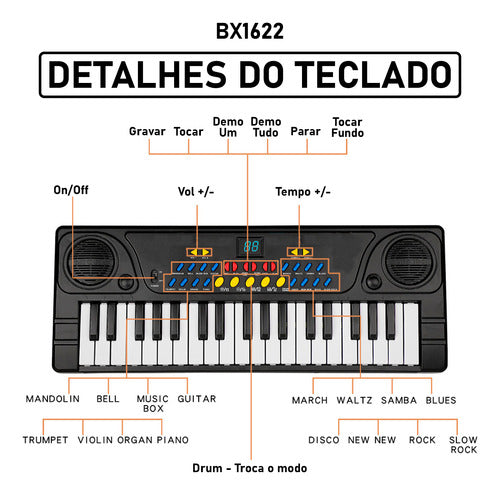 Teclado E Microfone Infantil Musical 37 Teclas Função Gravar 5