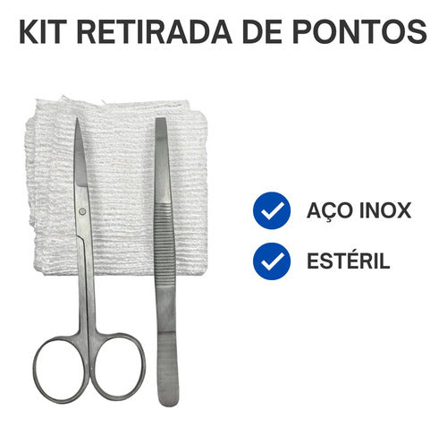 Kit Retirada De Pontos Estéril Tesoura Íris + Pinça + Gaze 1