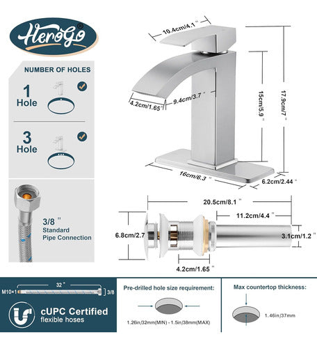 Herogo Canilla Monocomando Baño Cascada C/ Drenaje Níquel Cepillado 1