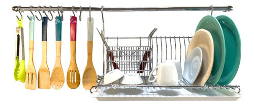 Luperstore Plate Drying Rack with Cutlery Holder, 10 S Hooks & 90 cm Bar 0