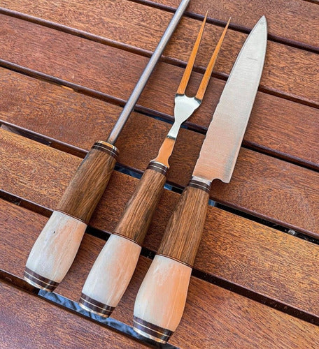 Fausto Fuegos Cuchillo, Tenedor Y Chaira, Set 3 Piezas C/soporte De Madera 5