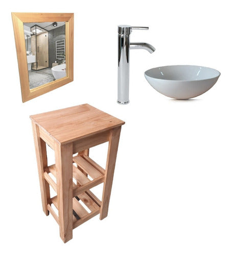 Rustic Wooden Vanity Set with Porcelain Basin + Faucet and Mirror 14